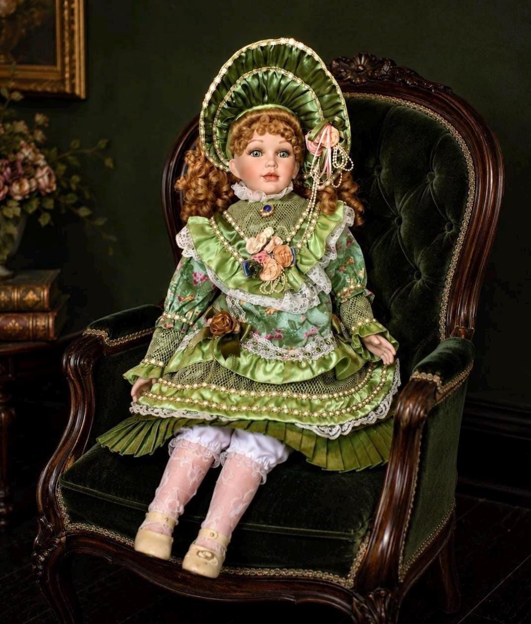 Vintage Collectible Porcelain Doll: 29-inch Victorian Green