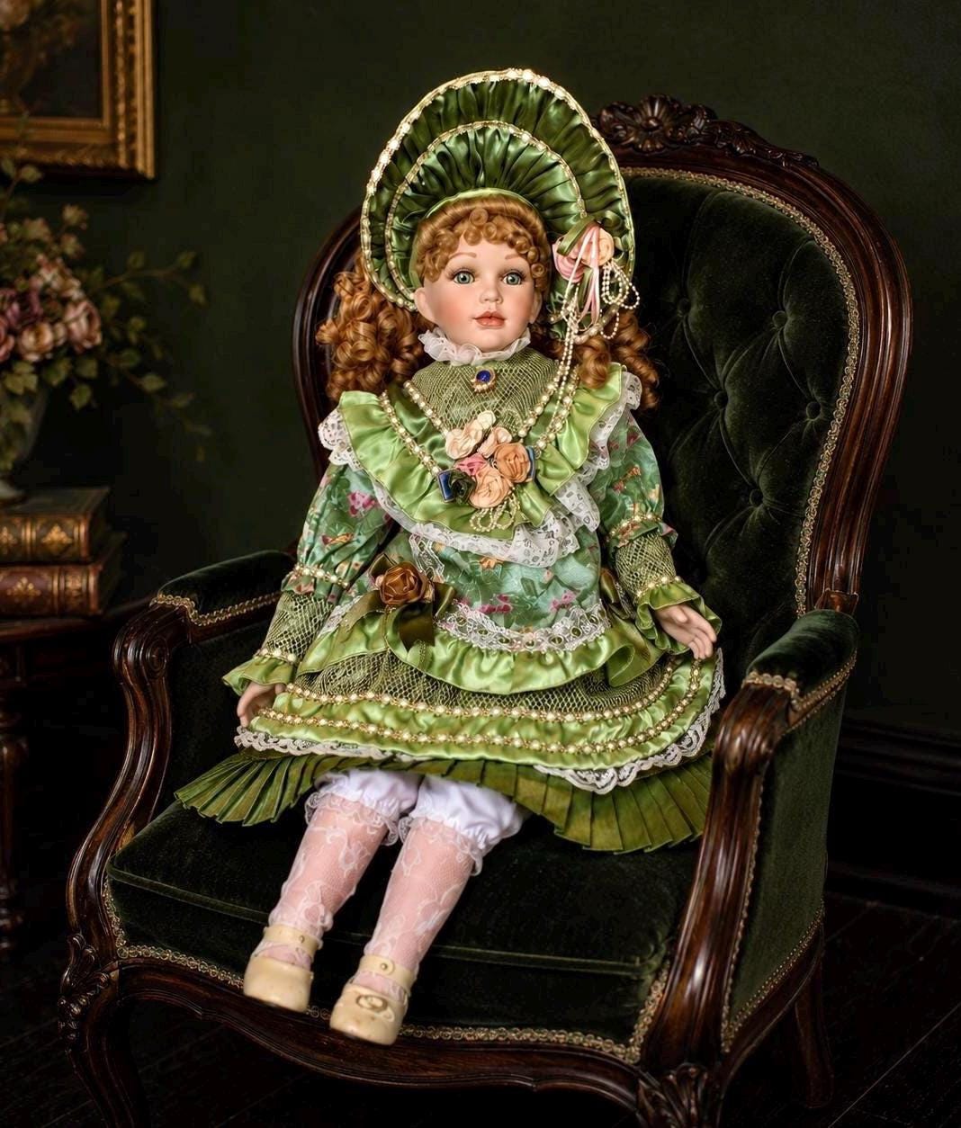 Vintage Collectible Porcelain Doll: 29-inch Victorian Green