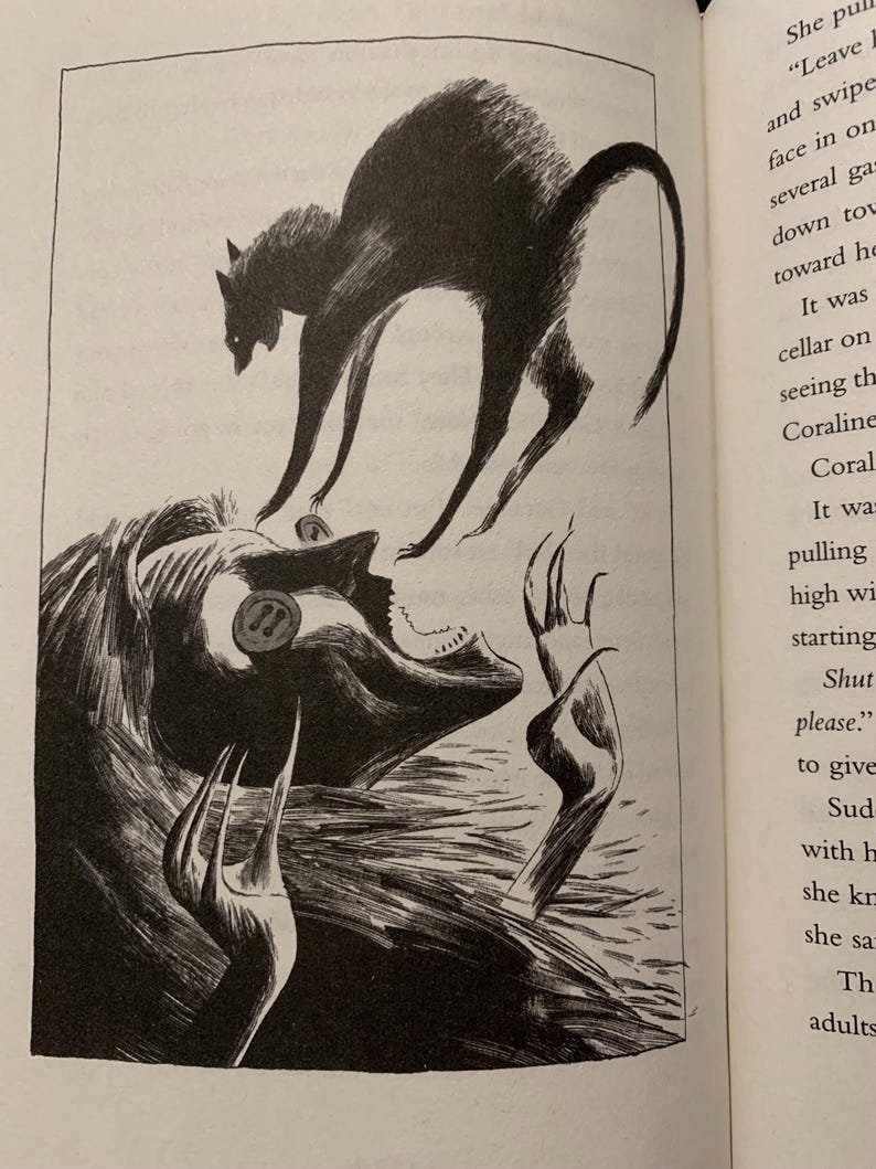 May include: A black and white book illustration depicting a dark, arched-back cat hovering above a figure with long hair and a button over one eye. The figure has elongated, claw-like fingers reaching upward toward the cat in a dramatic scene.