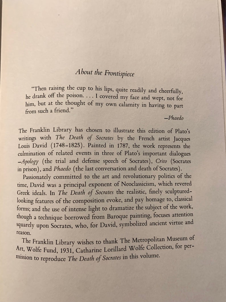May include: A black and white illustration of a book with the title "The Death of Socrates" by Plato. The text describes the book's illustration by Jacques Louis David, a French artist, and the historical context of the painting.