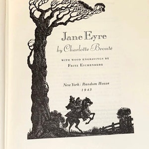 Peut inclure: Une page de titre de l'&eacute;dition Random House de 1943 de Jane Eyre par Charlotte Bront&euml;. Elle pr&eacute;sente une gravure sur bois en noir et blanc d'un grand arbre et d'une personne &agrave; cheval, avec le cr&eacute;dit des gravures par Fritz Eichenberg.