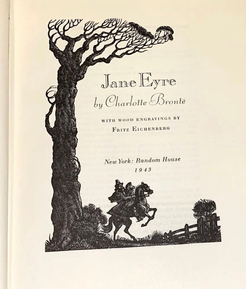 Peut inclure: Une page de titre de l'&eacute;dition Random House de 1943 de Jane Eyre par Charlotte Bront&euml;. Elle pr&eacute;sente une gravure sur bois en noir et blanc d'un grand arbre et d'une personne &agrave; cheval, avec le cr&eacute;dit des gravures par Fritz Eichenberg.