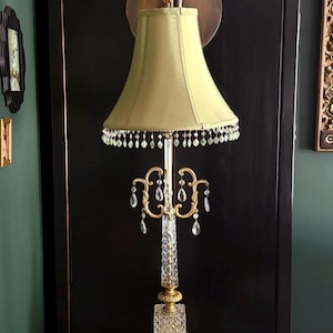 Vintage Crystal and Brass Table Lamp: Victorian Hollywood Regency Style, Green Beaded Shade