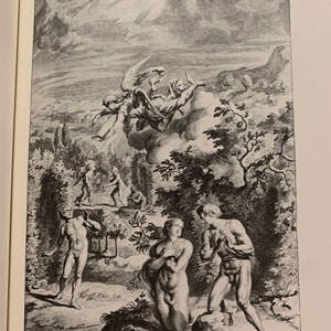 A black and white engraving depicting a scene from the Bible. A winged angel flies through the sky, while Adam and Eve stand in the Garden of Eden. Adam is standing, while Eve is kneeling. There are other figures in the background, including a tree and a cloud.