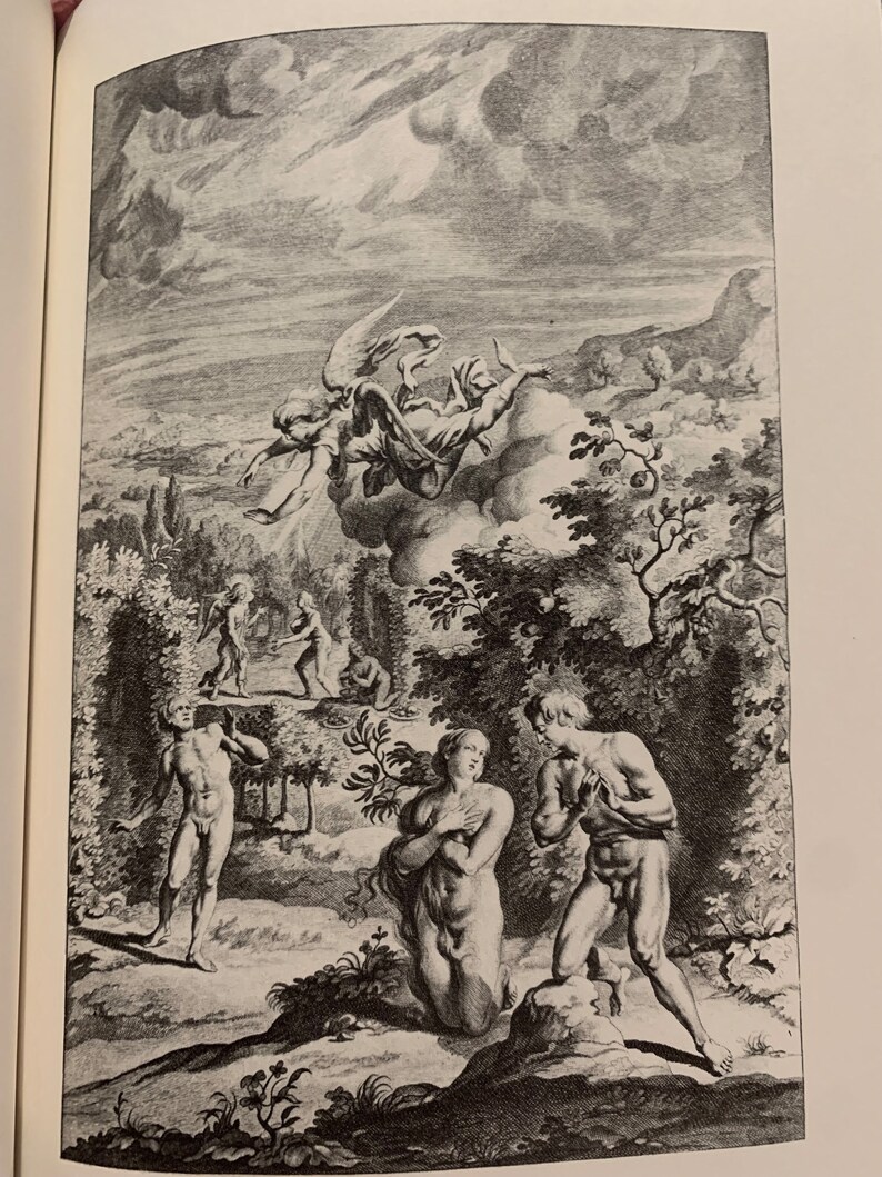 A black and white engraving depicting a scene from the Bible. A winged angel flies through the sky, while Adam and Eve stand in the Garden of Eden. Adam is standing, while Eve is kneeling. There are other figures in the background, including a tree and a cloud.