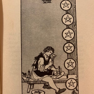 May include: An illustration from a tarot deck featuring a figure hammering a star onto a wooden disc. The card is labeled "VIII" and includes the text "Outer Method of the Oracles 267". Six pentacles are displayed.