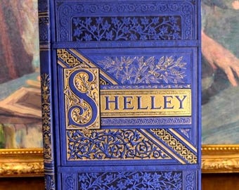 Libro de poesía de Shelley, 1880, antiguo, ilustrado, victoriano, encuadernado en azul dorado.