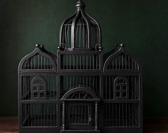 Gothic Architectural Birdcage – Large Ornate Wood & Metal Cage, Functional Victorian Style Display Piece