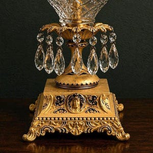 K&ouml;nnte beinhalten: Ein goldfarbener Lampenfu&szlig; aus Metall mit einem quadratischen Sockel, verziert mit Ornamenten und einem zentralen Reliefportr&auml;t. Die Struktur ist mit h&auml;ngenden, klaren Kristalltropfen und einer facettierten Glasschale im oberen Bereich versehen.