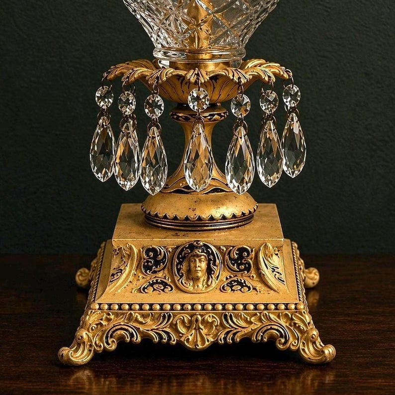 K&ouml;nnte beinhalten: Ein goldfarbener Lampenfu&szlig; aus Metall mit einem quadratischen Sockel, verziert mit Ornamenten und einem zentralen Reliefportr&auml;t. Die Struktur ist mit h&auml;ngenden, klaren Kristalltropfen und einer facettierten Glasschale im oberen Bereich versehen.