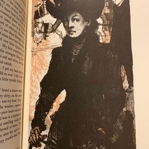 May include: A black and white illustration of a woman wearing a black hat with a feather. She is holding a walking stick and is dressed in a long black coat. The background is a light brown color.