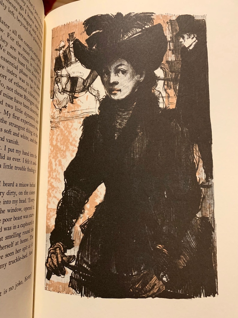 May include: A black and white illustration of a woman wearing a black hat with a feather. She is holding a walking stick and is dressed in a long black coat. The background is a light brown color.