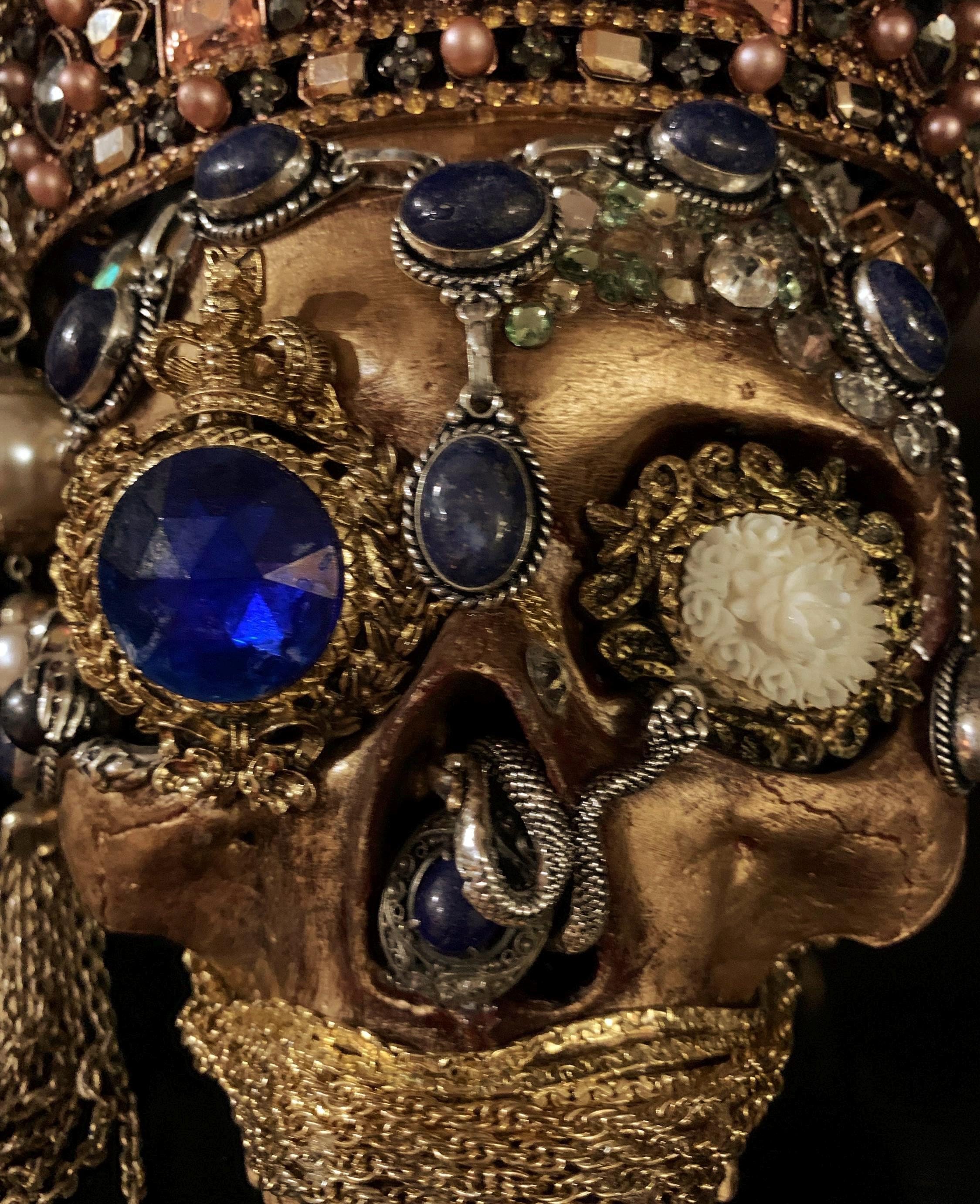 Bejeweled Gothic Skull Reliquary: Handcrafted Macabre Art Decor