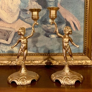 Pair of Antique Gilt Candle Holders with Cherubs