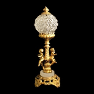 Antique Cherub Table Lamp: Hollywood Regency Gold Gilt Light, Pressed Glass Shade