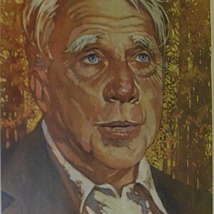 An illustration of a man with white hair and white shirt with a dark brown jacket. The background is a blurry, golden yellow color.