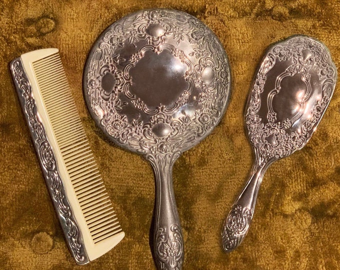 Antique Hand Mirror Brush and Comb Set Silver Plated Victorian Decor