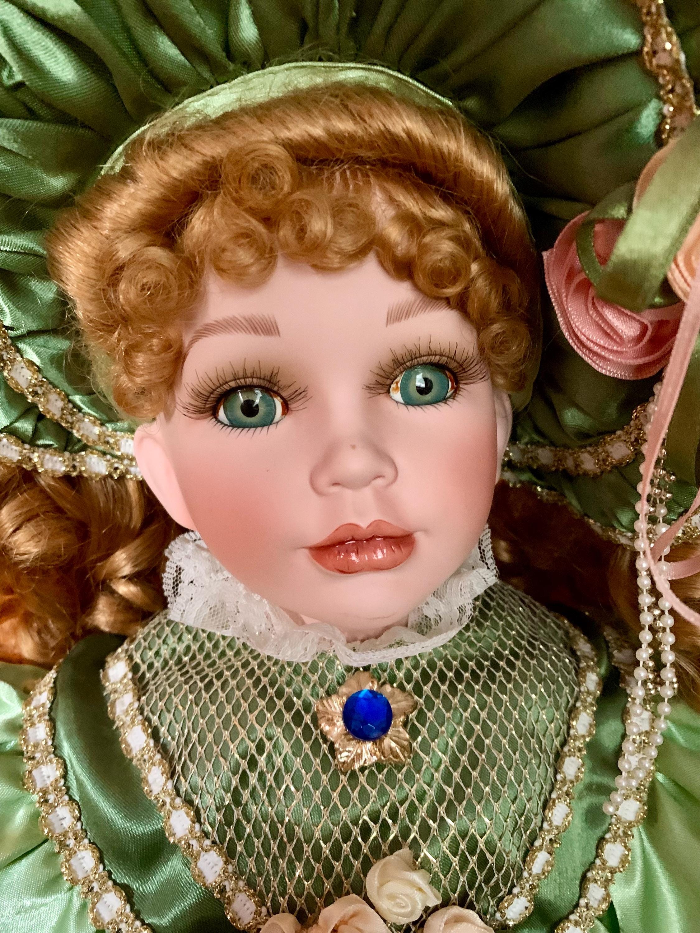 Vintage Collectible Porcelain Doll: 29-inch Victorian Green