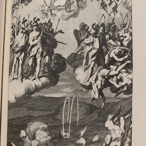 A black and white engraving depicting a scene from a battle in the sky.  Angels with swords and shields are fighting demons.  The angels are winning, and the demons are falling to the ground.  The scene is set against a backdrop of clouds and a distant landscape.