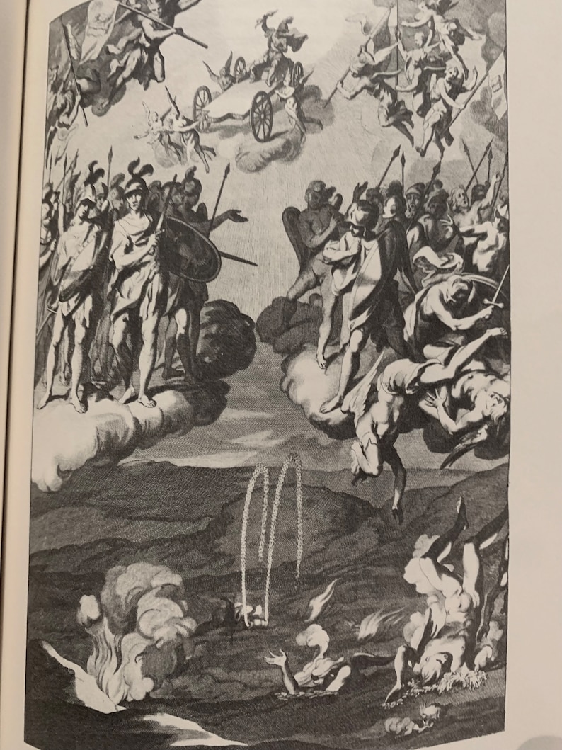 A black and white engraving depicting a scene from a battle in the sky.  Angels with swords and shields are fighting demons.  The angels are winning, and the demons are falling to the ground.  The scene is set against a backdrop of clouds and a distant landscape.
