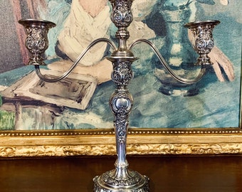 Ornate Antique Candelabra - (1915) Three Arm Silver Candlestick Holder for Elegant Home Decor