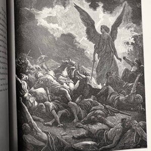 May include: A black and white engraving depicting an angel with large wings standing over a battlefield. The angel is holding a sword and is surrounded by fallen soldiers. The caption below the image reads "Destruction of Sennacherib's Host."