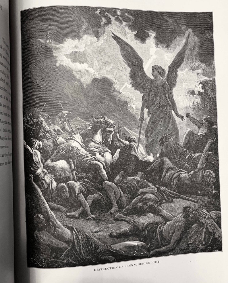 May include: A black and white engraving depicting an angel with large wings standing over a battlefield. The angel is holding a sword and is surrounded by fallen soldiers. The caption below the image reads "Destruction of Sennacherib's Host."