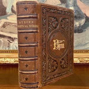 1855 Lord Byron Poetical Works - Duża ilustrowana antyczna książka w skórzanej oprawie ze stalorytami, edycja kolekcjonerska