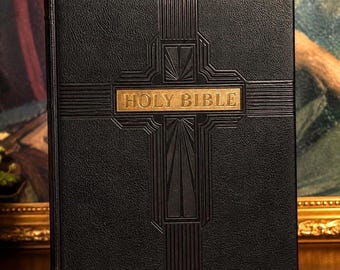 Biblia familiar antigua (1950) – Ilustrada por Gustave Doré – Versión King James grande, encuadernada en cuero, con pronunciación automática.