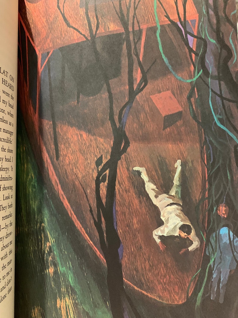 Illustration from Heart of Darkness by Joseph Conrad – Easton Press 1980 edition. A dark-toned painting of a man lying face-down in a boat, surrounded by dense jungle colors. Powerful visual representation of colonial despair and isolation.