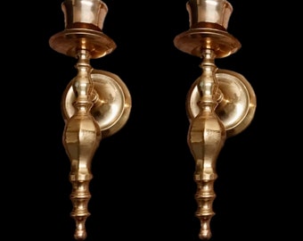 Elegant Pair of Vintage Brass Candle Wall Sconces - 10 Inch Gold Candlestick Holders