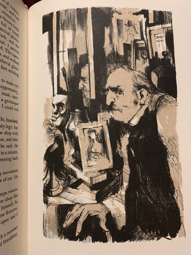 May include: A black and white illustration of a man with a beard and mustache standing in a room with several framed pictures on the wall. He is holding a small framed picture in his hand. The man is looking at the viewer.