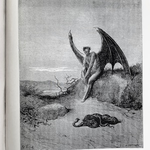May include: A black and white illustration of a winged figure sitting on a rock with a snake curled up on the ground. The figure has a long, pointed tail and is wearing a crown. The snake is coiled up in a defensive posture.