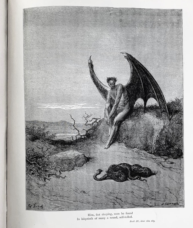 May include: A black and white illustration of a winged figure sitting on a rock with a snake curled up on the ground. The figure has a long, pointed tail and is wearing a crown. The snake is coiled up in a defensive posture.