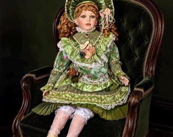 Vintage Collectible Porcelain Doll: 29-inch Victorian Green