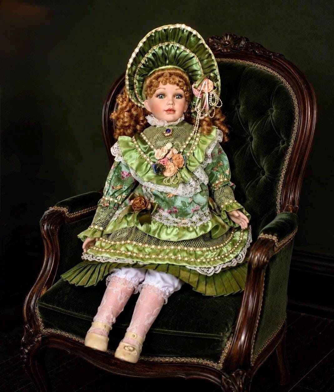 Vintage Collectible Porcelain Doll: 29-inch Victorian Green