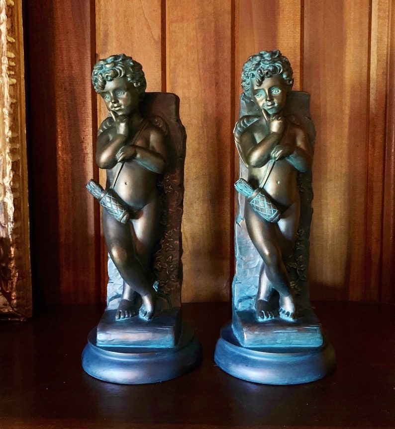 Vintage Bronze Cherub Bookends shops ~ Angel Statues ~ Bookshelf Decor.