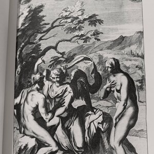 A black and white engraving depicting a scene from the Bible. A woman with wings is seated on the ground, with a man kneeling in front of her. A second woman stands behind the seated woman. The engraving is surrounded by four circular images, each depicting a different scene.