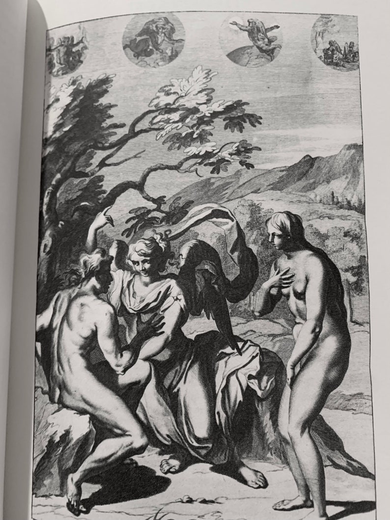 A black and white engraving depicting a scene from the Bible. A woman with wings is seated on the ground, with a man kneeling in front of her. A second woman stands behind the seated woman. The engraving is surrounded by four circular images, each depicting a different scene.