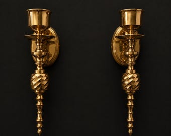 Vintage Brass Wall Candle Sconces – Pair of Hollywood Regency Brass Candle Holders – Mid Century Gothic Wall Decor