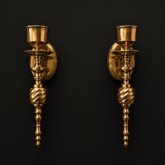 Vintage Brass Wall Candle Sconces – Pair of Hollywood  display picture 1