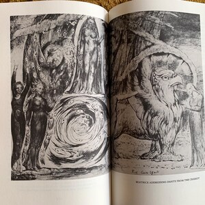 May include: A black and white illustration of a scene from Dante's Inferno. The image depicts a woman with wings addressing a man from a chariot, with a swirling vortex in the background.