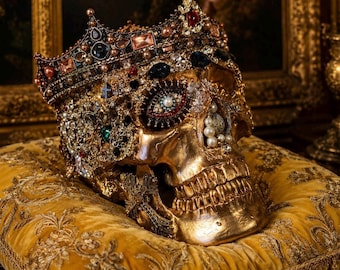 Bejeweled Gothic Skull Reliquary: Handcrafted Macabre Art Decor