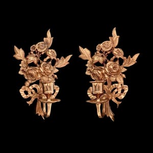 Pair of Elegant Brass Candle Sconces - Ornate Gold Candlesticks with Floral Motif - Exquisite Vintage Wall Decor
