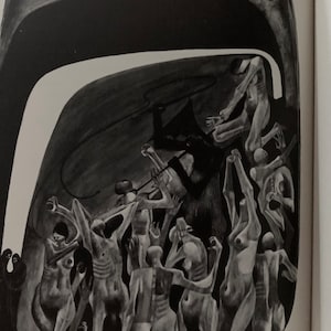 May include: A black and white illustration depicting a group of people in a dark, shadowy space. The figures are contorted and appear to be reaching out to each other. The image evokes a sense of unease and mystery.
