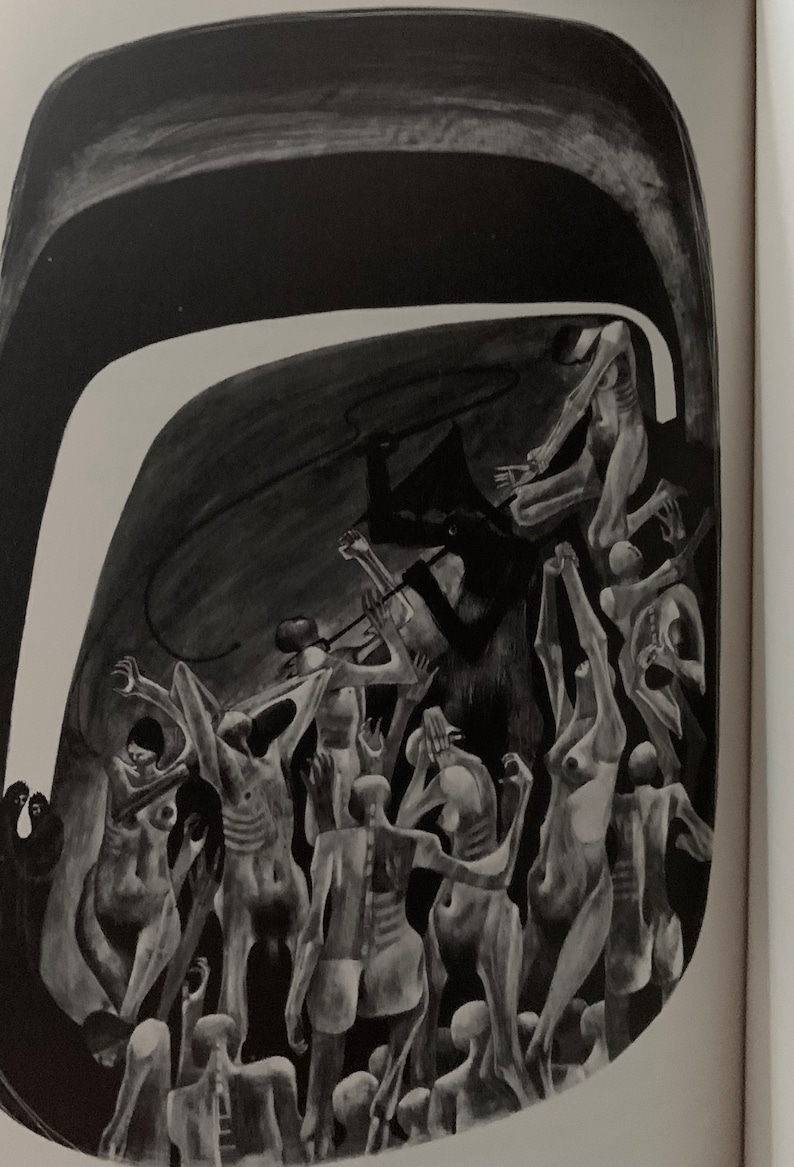 May include: A black and white illustration depicting a group of people in a dark, shadowy space. The figures are contorted and appear to be reaching out to each other. The image evokes a sense of unease and mystery.