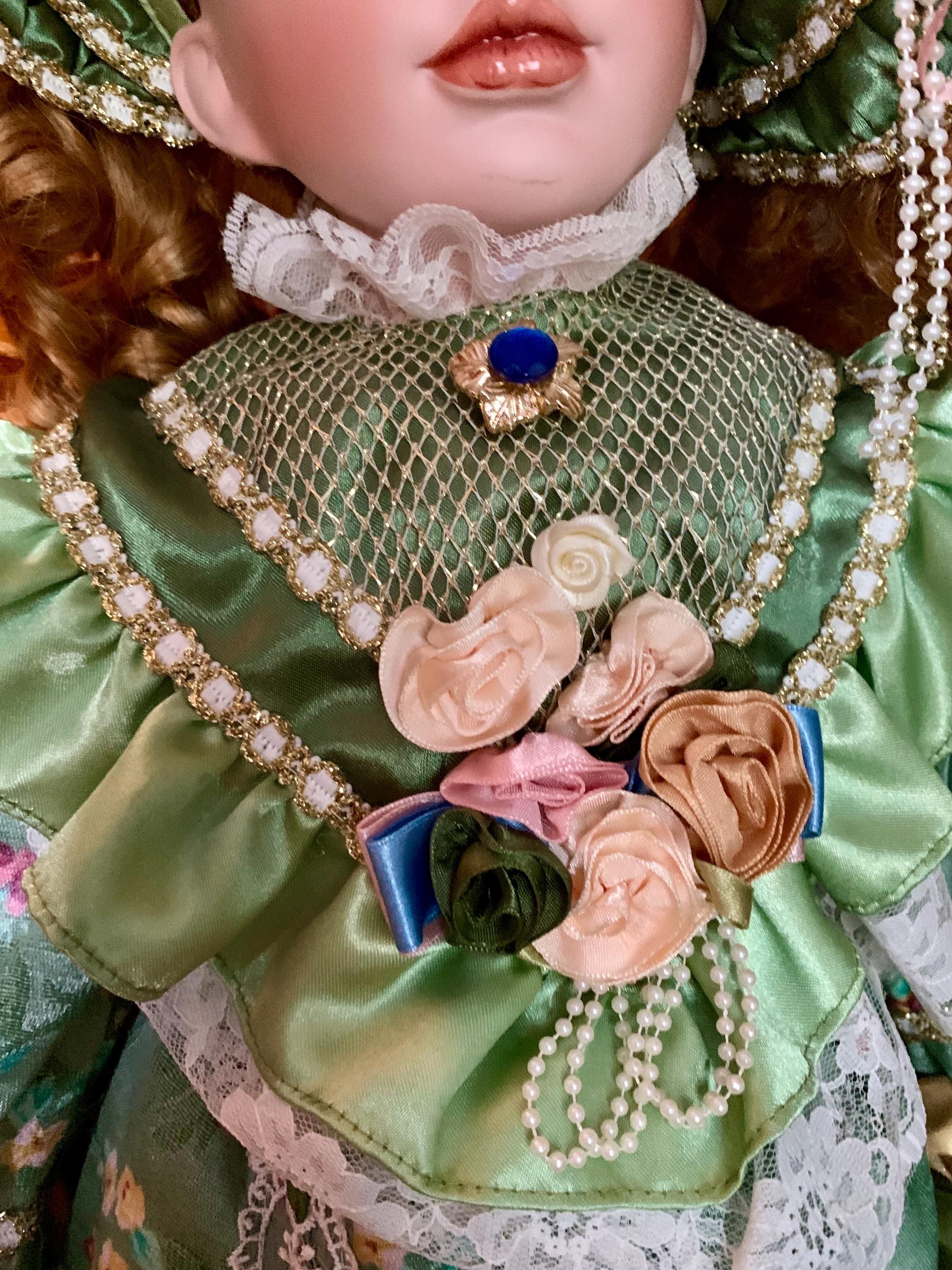 Vintage Collectible Porcelain Doll: 29-inch Victorian Green