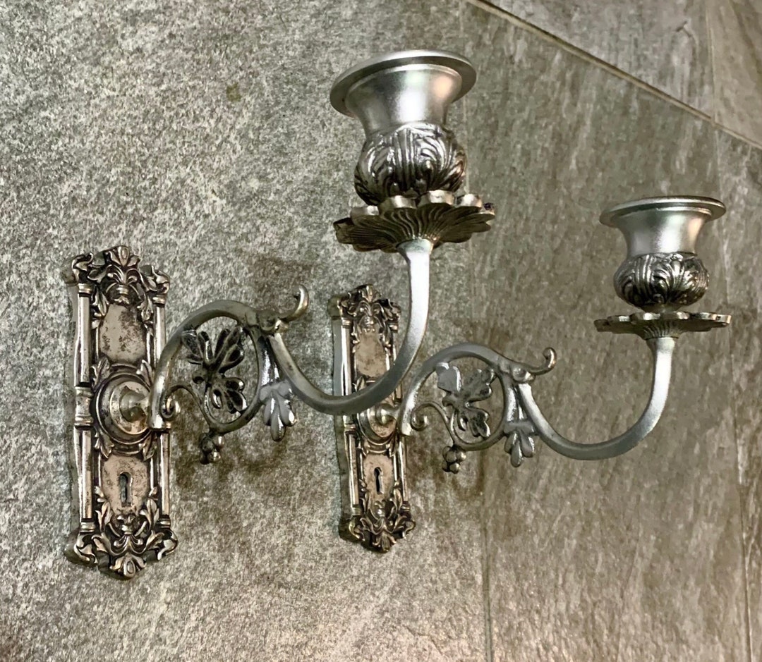 Pair of Vintage Candle Wall Sconces Silver Keyhole Candlesticks for
