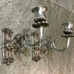 Pair of Vintage Candle Wall Sconces - Silver Keyhole Candlesticks for Victorian Decor