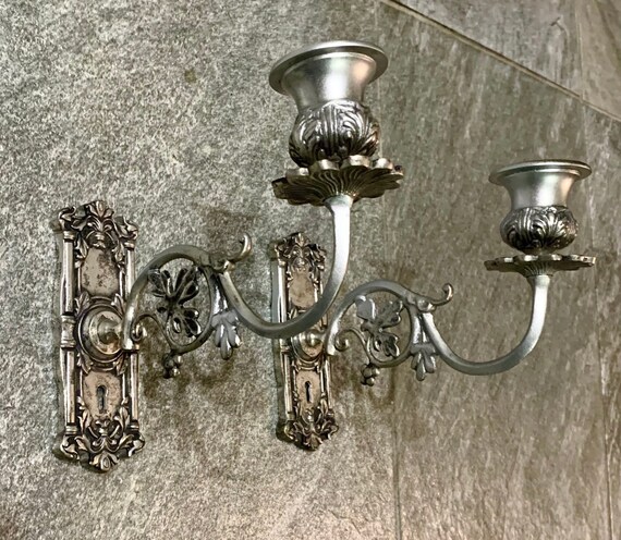 Pair of Vintage Candle Wall Sconces Silver Keyhole Candlesticks
